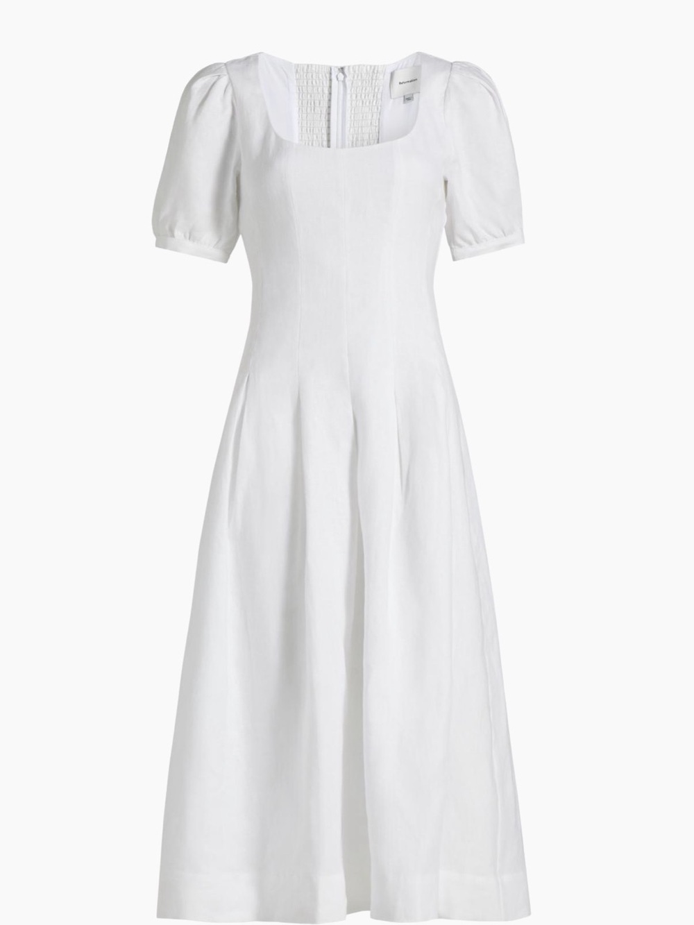 Reformation White Linen Square-Neck Midi Dress with Puff Sleeves - Picture 1 of 10